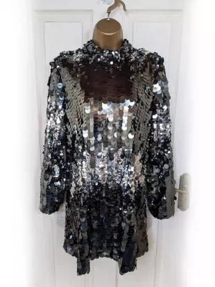 Stunning Silver Sequin Disc High Neck Party Dress