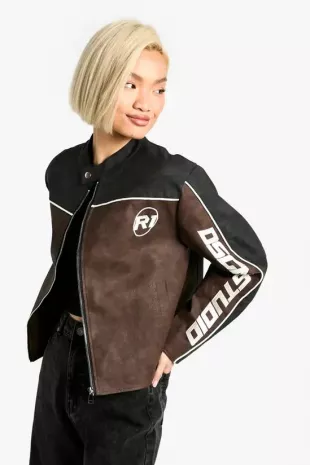 Embroidered Fitted Vintage Look Faux Leather Moto Jacket