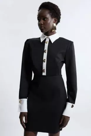 Techno Cotton Woven Mini Shirt Dress With Gold Clasps