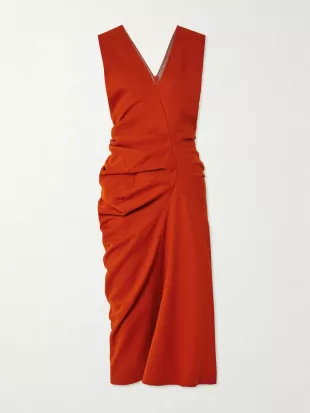 Gathered Wool Twill Midi Dress