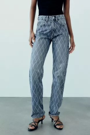 TRF Mid Rise Rhinestone Jeans Beaded Denim Straight Leg Blue