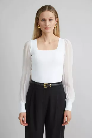 Chiffon Sleeve Sweater in Pearl