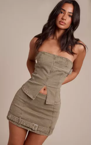 Petite Light Khaki Denim Longline Bandeau Corset