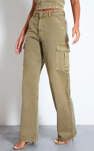 Tall Washed Khaki Low Rise Wide Leg Cargo Jeans