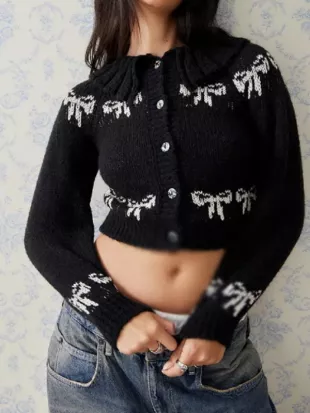 Wild Cherry Isabelle Allen White Bow Print Cardigan