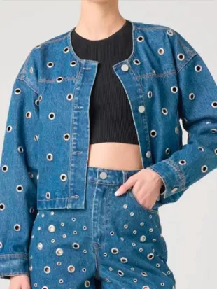 All Her Fault Abby Elliott Grommet Embellished Denim Jacket