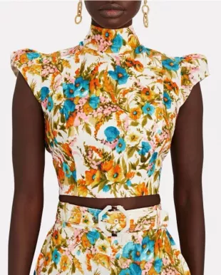 Estelle Cropped Top Open Back Floral Print Linen Cream
