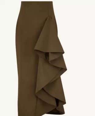 Stretch Cotton Twill Ruffle Detail Pencil Skirt