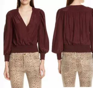 Smocked Hem Surplice Silk Top