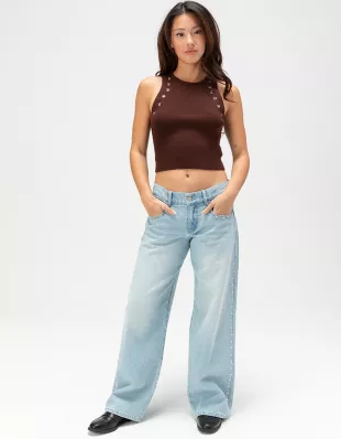 Low Rise Studded Womens Loose Jeans