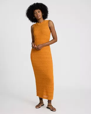 Crochet Crew Neck Sleeveless Midi Sweater Dress