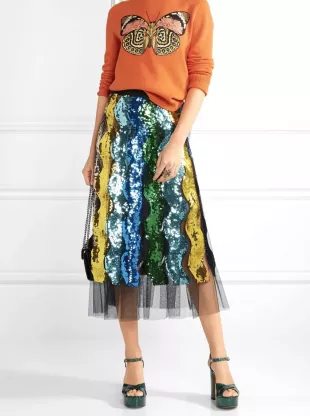 Fall 2016 Multicolor Rainbow Sequin Black Tulle Women’s Pleated Midi Skirt