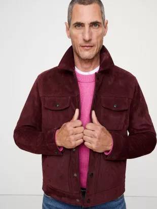Oiled Suede Trucker Jacket in Classic Burgundy Red