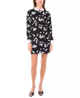 Sequin Long-Sleeve Detail Floral Printed Mini Dress