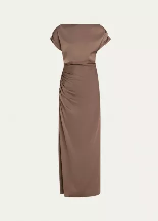 Heather Shirred Short-Sleeve Maxi Dress