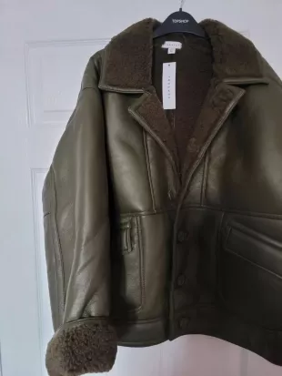 Faux Leather Shearling Aviator Jacket in Khaki