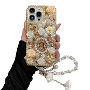 iPhone 15 Bling Diamond Case with Flower Strap
