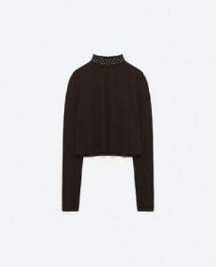 ZARA Cropped Black Top Studded High Neck Long Sleeve New (RT$38) Top Size: S M L  | eBay