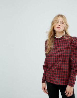 Top en tartan à encolure montante