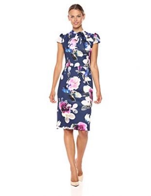 Betsey Johnson Women's Scuba Midi with Neck Tie Dress, Blue/Multi, 8