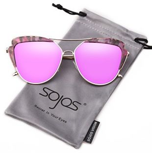 SOJOS Lunettes de Soleil Métal Miroité Œil de Chat pour Femmes SJ1061 avec Or Cadre/Gris Lentille