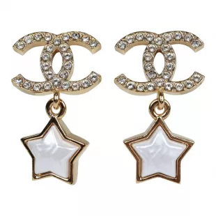 Crystal and Pearl CC Star Dangle Earrings Gold Hardware