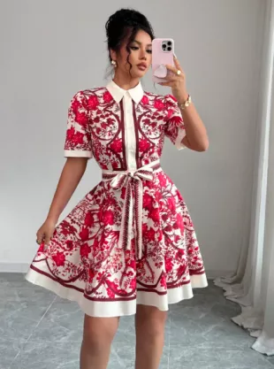 Rafferiza Casual Vacation Print Tie Waist Short Sleeve Shirt Collar Positioning Flower A-Line Dress