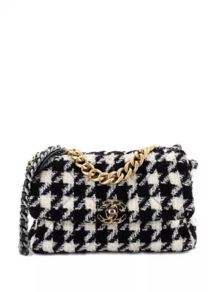 19 Flap Bag Quilted Houndstooth Tweed and Ribbon Large