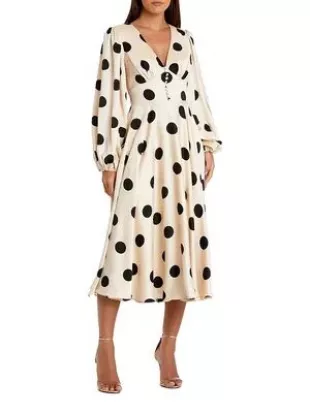 Polka Dot Charmeuse Long Sleeve V Neck Midi Dress