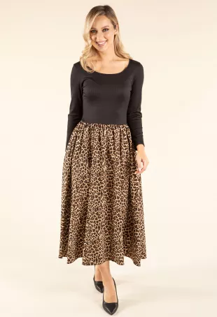 Zapara Ribbed Bodice Leopard Midi Dress