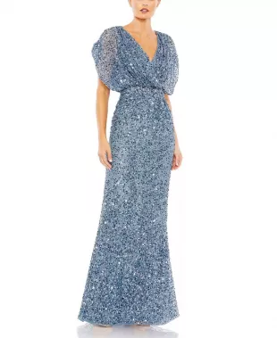 Draped Sleeve Sequin V-Neck Gown in Slate Blue