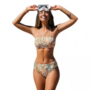 Ditsy Floral Smocked Tie Back Bandeau & Mid Rise Bikini Set