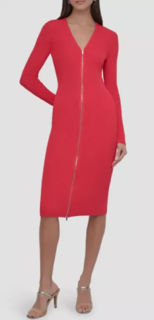 Front Zip Long Sleeve Rib Midi Dress