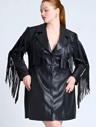 The Voice S28 Black Faux Leather Fringe Blazer Dress