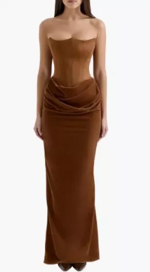 Persephone Strapless Corset Satin & Velvet Gown in Toffee