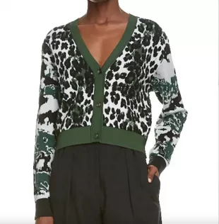 Leopard Jacquard Crop Cardigan in Black / Green