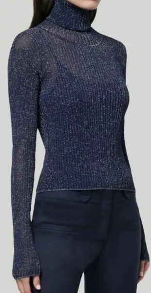 Blue Stretch Turtle Neck Long Sleeve Bryan Knit Top