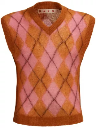 Mohair Argyle Vest With Floating Threads Camellia