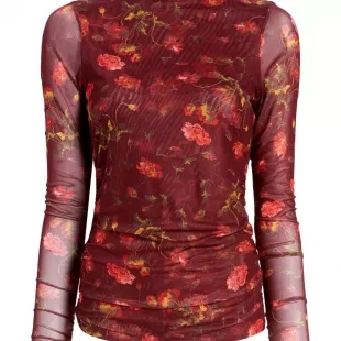 Falling Poppies Shirred Mesh Turtleneck