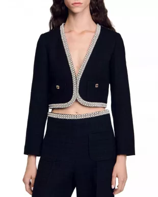 Bead Trim Cropped Tweed Jacket
