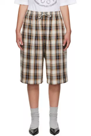 Straight Leg Checked Twill Drawstring Shorts