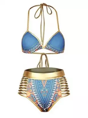 African Tribal Metallic Cutout Bikini Sets High Waist Swimsuit