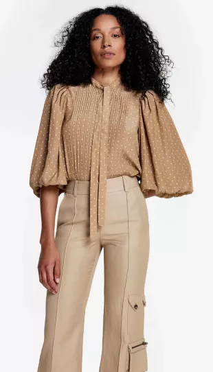 Nude Dot Pleated Tie Neck Blouse