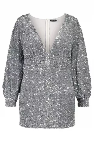 Sequin Ruched Waist Wide Sleeve Dress