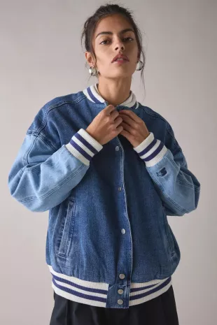 Colorblock Denim Varsity Bomber Jacket