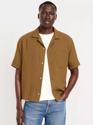Short-Sleeve Cropped Heavyweight Camp Shirt in Grasscloth