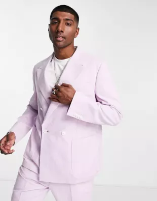 Relaxed Double Breasted Suit Jacket In Lilac Crepe
