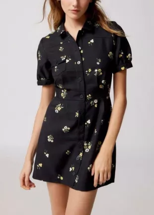 Carla Collared Button Front Utility Shirt Floral Dress Black