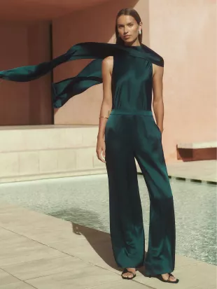 Farah Satin Cape-Sash Jumpsuit in Teal Green