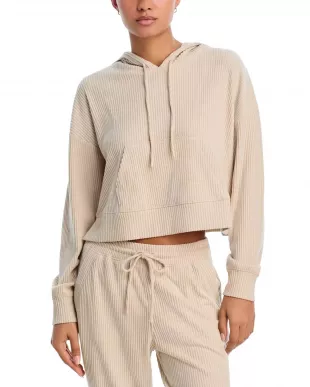 Brushed Rib Crop Hoodie in Beige